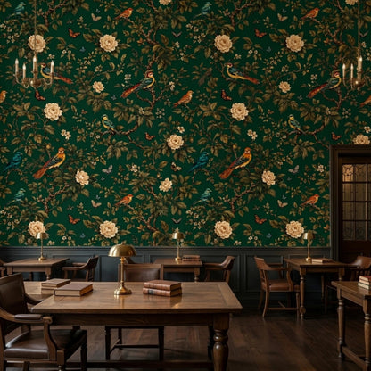A commercial or study space features dark green floral wallpaper, several wooden tables and chairs, and a door on the right.