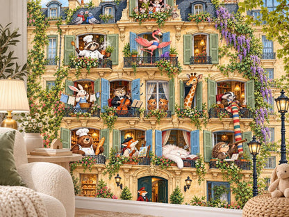 A close-up view of the animal apartment wall mural showing detailed windows with a raccoon chef, flamingo, giraffe, and other cute characters.