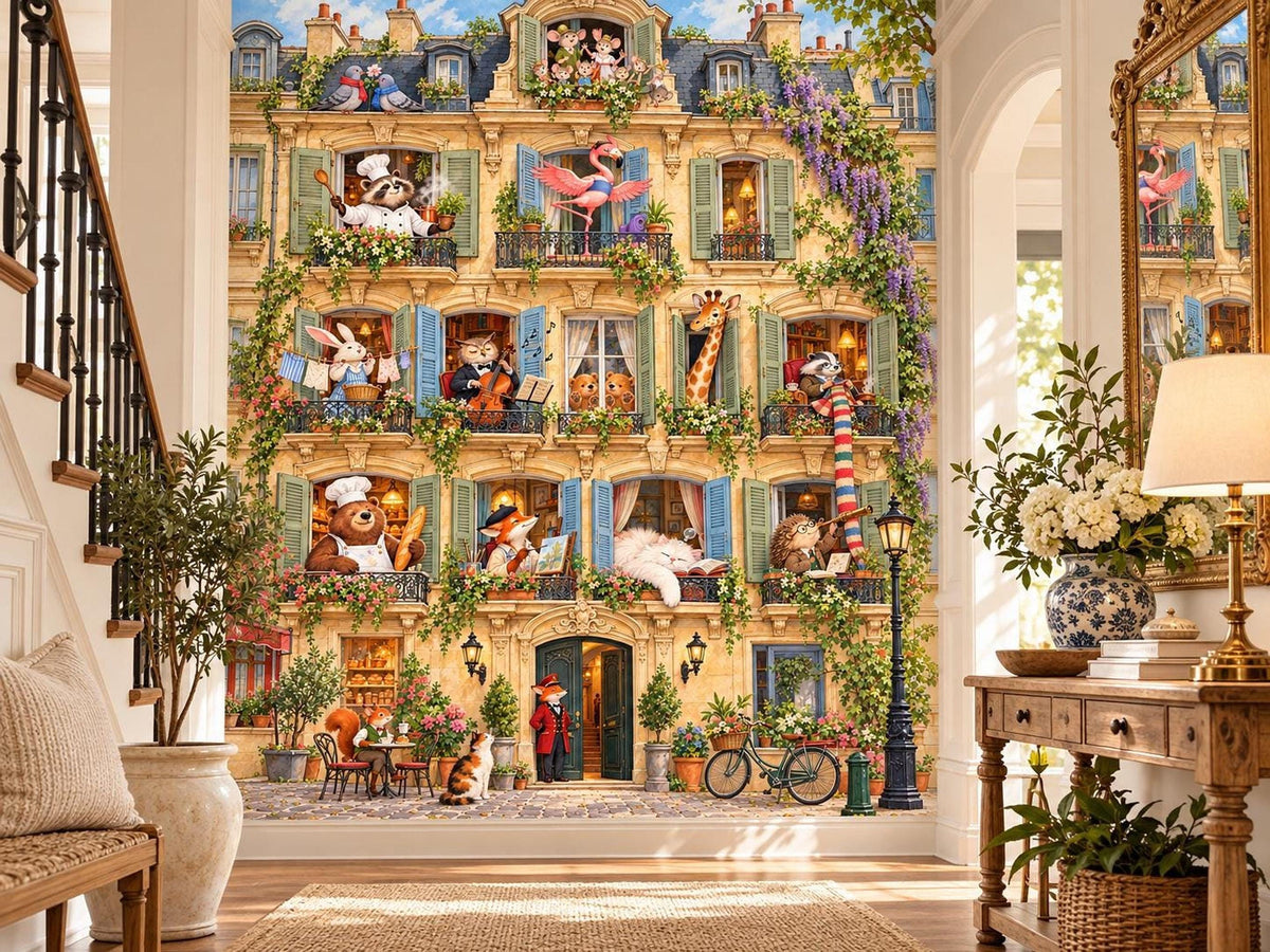 The storybook animal mural installed in a grand entryway next to a staircase, a console table, and a mirror.