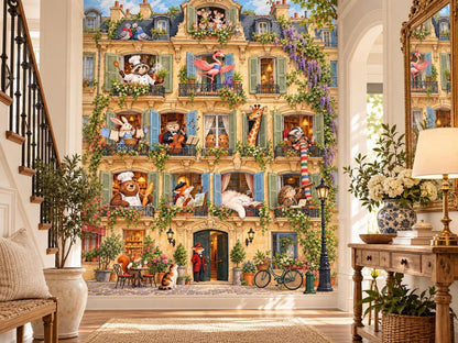 The storybook animal mural installed in a grand entryway next to a staircase, a console table, and a mirror.