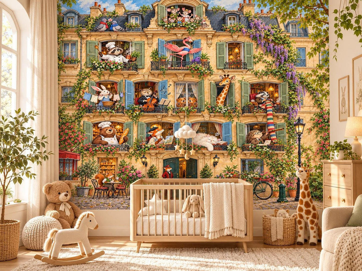 A baby nursery featuring the whimsical animal apartment mural on the back wall, a wooden crib, a plush rocking horse, and a giraffe toy.