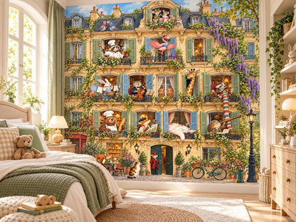 A whimsical wall mural of a Parisian apartment building populated by animals in windows, viewed from a cozy bedroom with a made bed and a teddy bear.