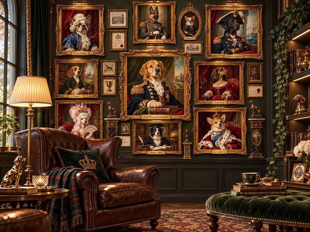 A cozy corner featuring a brown leather armchair and a green ottoman set against a dark green wall displaying pet portraits.