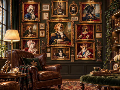 A cozy corner featuring a brown leather armchair and a green ottoman set against a dark green wall displaying pet portraits.