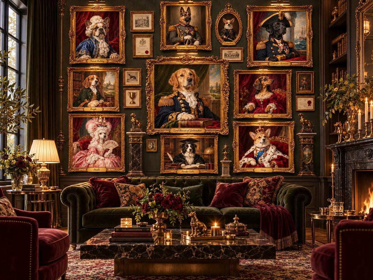 A living room featuring a green velvet sofa and a marble coffee table centered below the gallery wall of historical pet art.