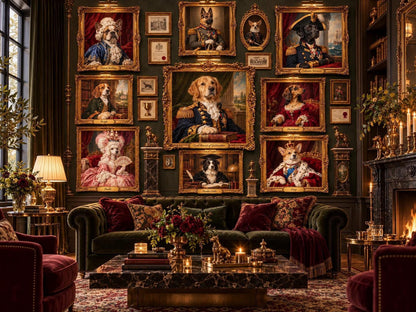 A living room featuring a green velvet sofa and a marble coffee table centered below the gallery wall of historical pet art.