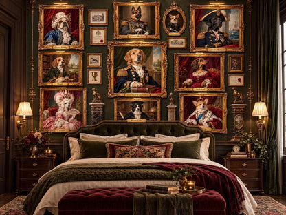 A bedroom featuring a green tufted headboard and a dark wood bed beneath the pet portraits gallery wall.