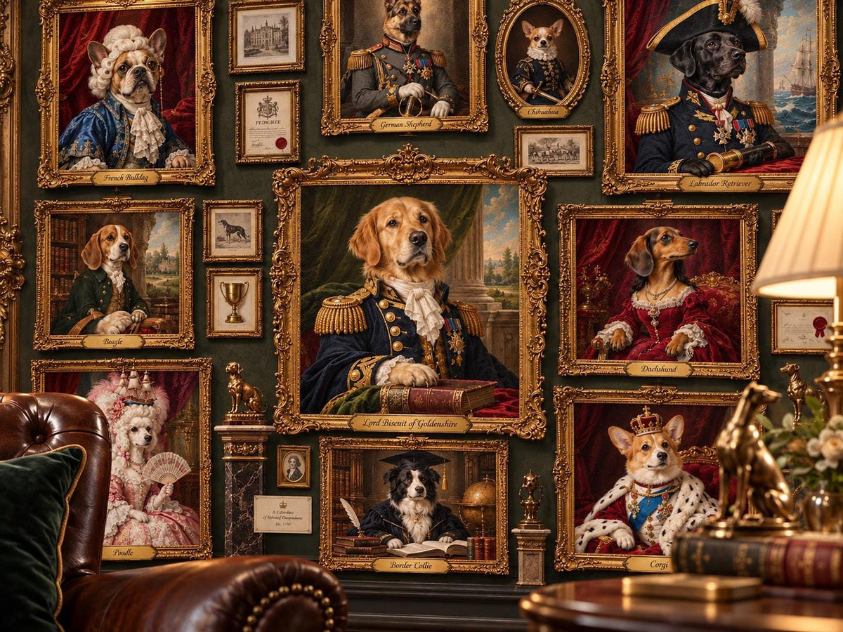 A close-up view of the pet portraits gallery wall next to a leather armchair and a glowing table lamp.