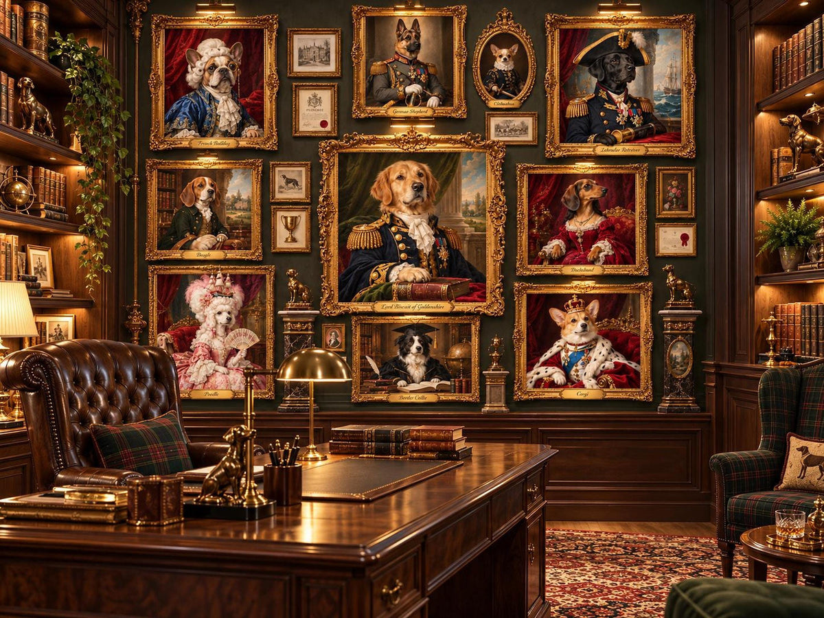 A home office with a large dark wood desk and a leather armchair positioned beneath a gallery wall of royal pet portraits.