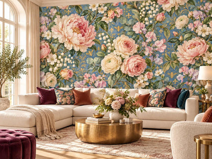 A living room with a large cream sectional sofa, a gold coffee table, and an accent wall featuring a floral wallpaper mural with pink peonies on a blue background.