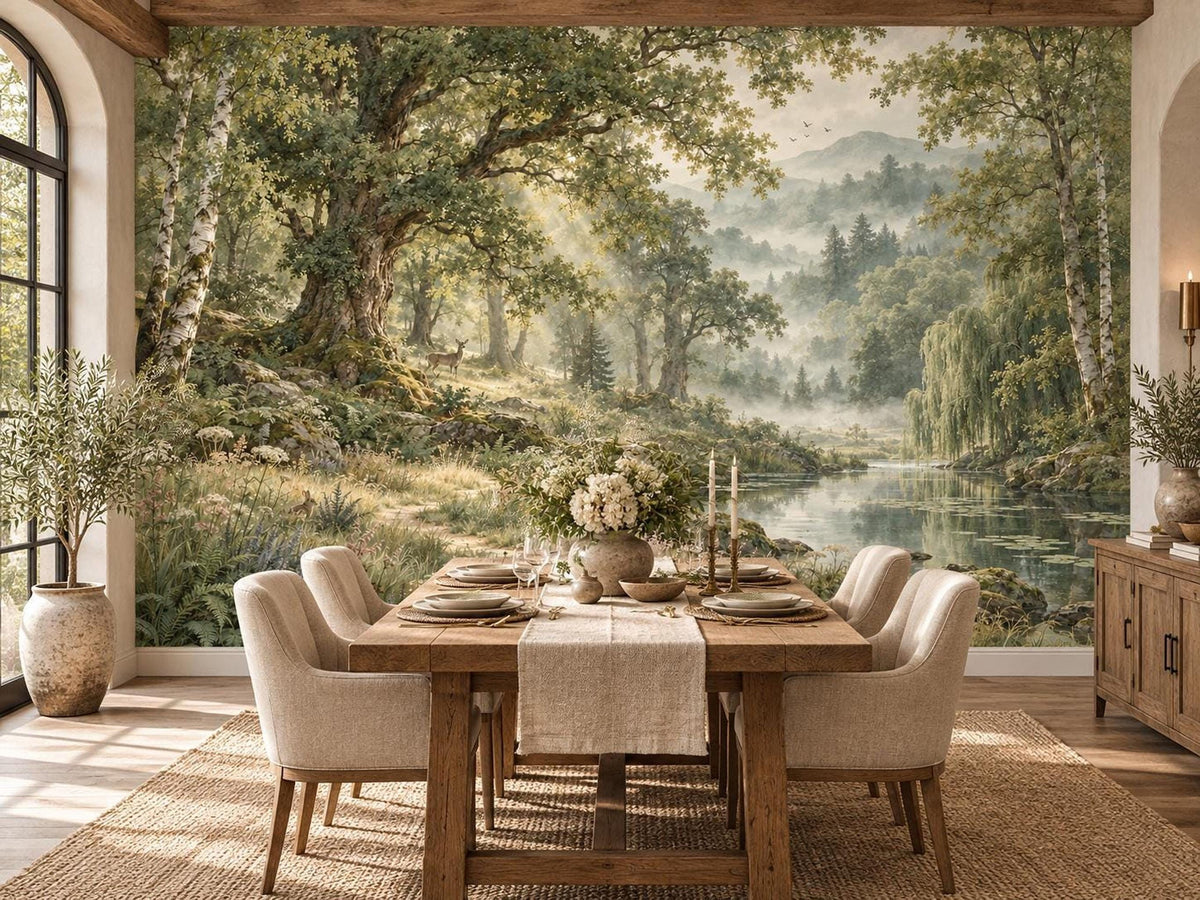 A dining room features a wooden table set with plates and a runner, positioned in front of a large forest landscape wall mural.
