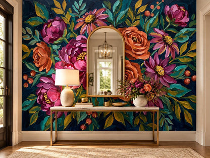 An entryway with a marble-top console table, a lit lamp, a vase of flowers, and an arched mirror centered on an impressionist floral wall mural.