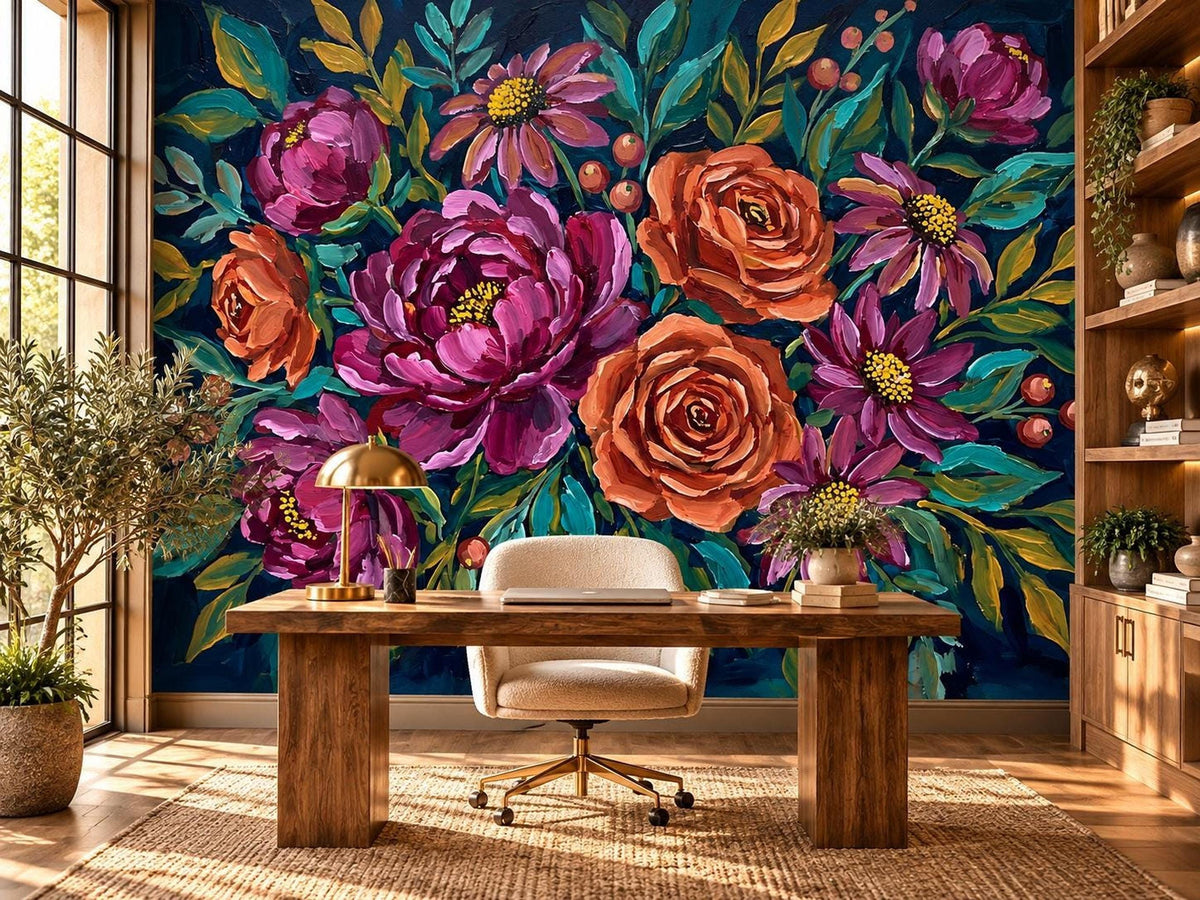 A home office setup with a wooden desk and cream chair placed in front of a wall mural of moody impressionist flowers.