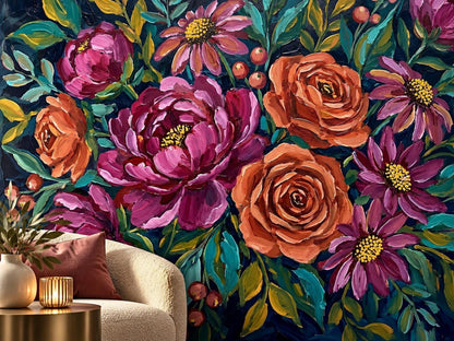 Close-up view of the textured impressionist floral wallpaper with dark teal background and vibrant pink, purple, and orange blooms.