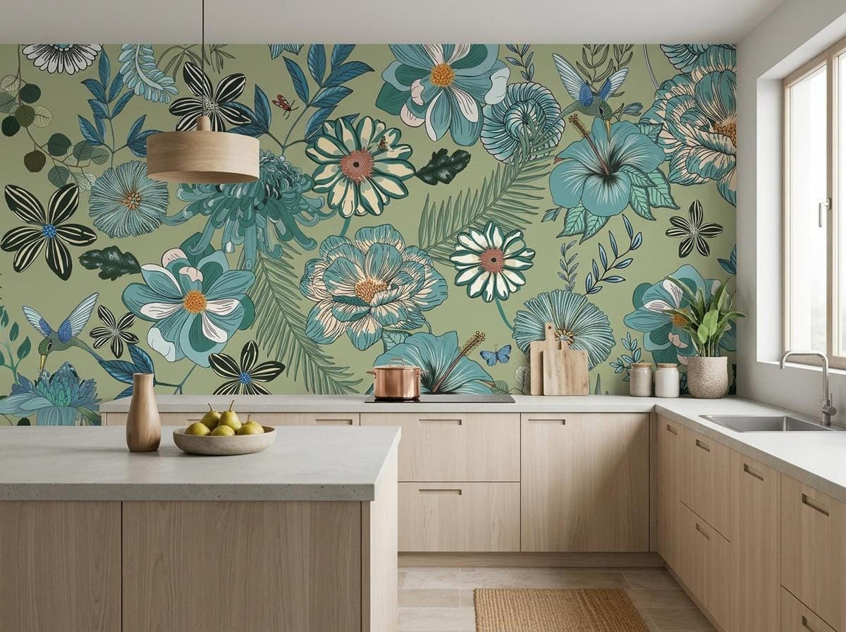 A modern kitchen with light wood cabinets and a marble countertop features a large sage green floral wallpaper accent wall in the background.