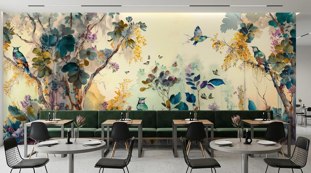 A restaurant interior showing small dining tables and green banquette seating in front of a watercolor bird and floral mural wall.