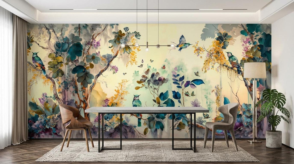 A dining room with a table, chairs, and pendant lighting set against a large watercolor nature mural wallpaper.