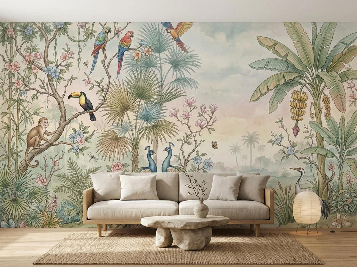 The tropical watercolor mural with jungle wildlife placed behind a modern beige sofa and a low wooden coffee table.