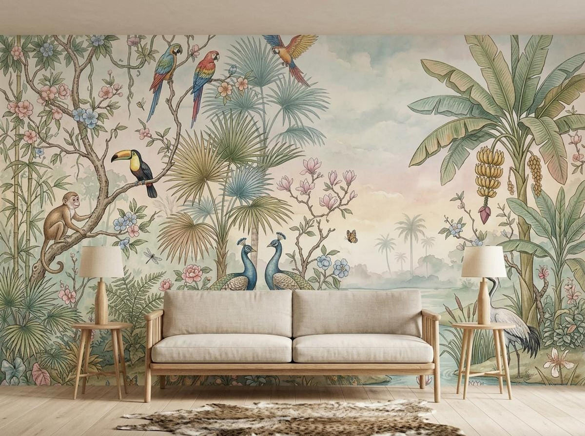 The tropical mural wallpaper with exotic birds, palm trees, and banana plants, shown behind a beige living room sofa and two small side tables.