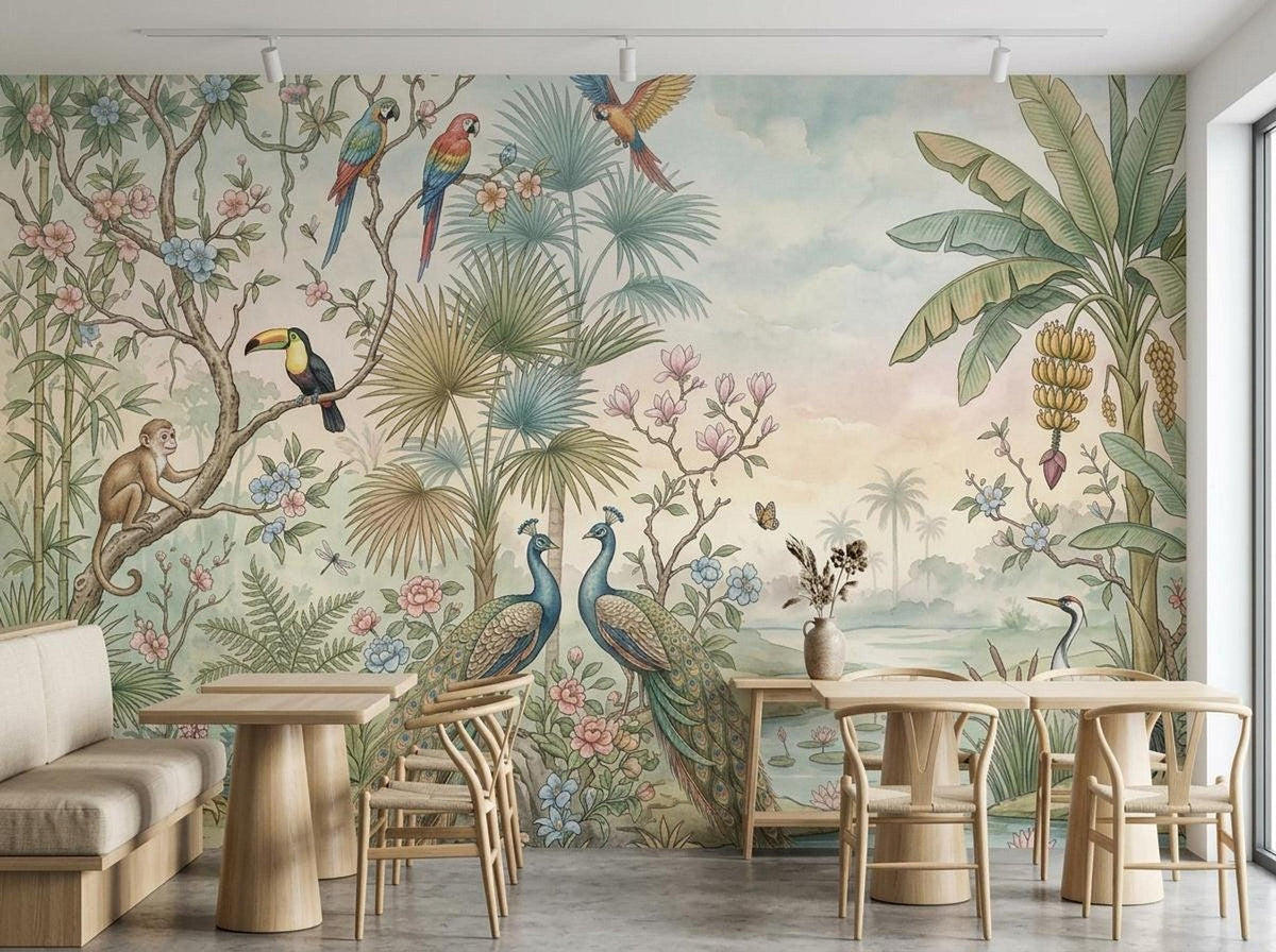 The watercolor jungle mural with peacocks and monkeys displayed in a dining area with wooden tables and chairs.
