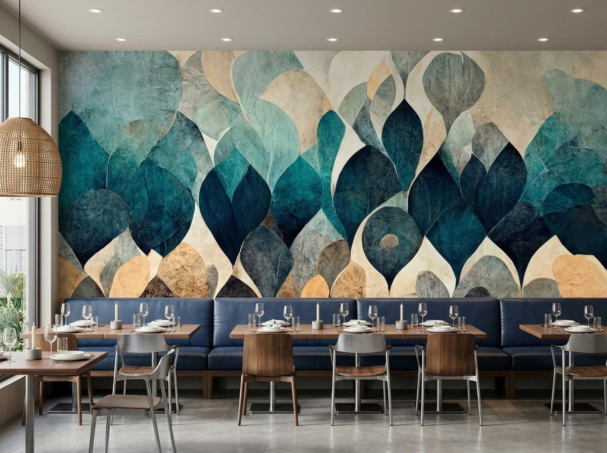 A restaurant interior with wooden tables and blue banquette seating under an abstract leaf mural wall.