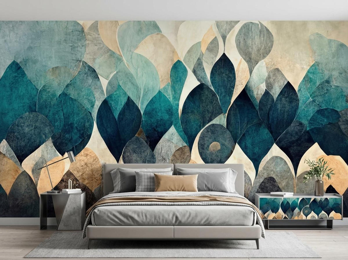 A bedroom featuring a bed with gray bedding against a large-scale abstract leaf mural wallpaper.