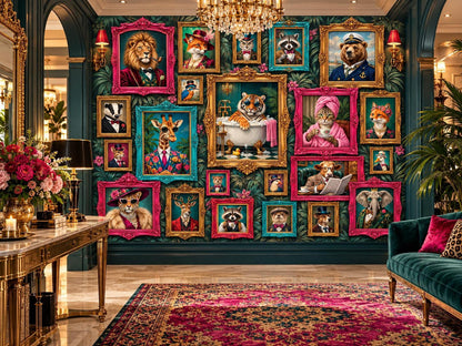 A wide hallway displays dark botanical wallpaper covered in a gallery of framed animal portraits, with a console table, a rug, and a green velvet armchair visible.