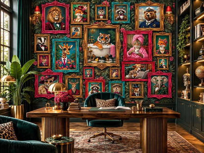 A home office features a wooden desk and green velvet office chair set against a gallery wall of framed whimsical animal portraits over dark botanical wallpaper.