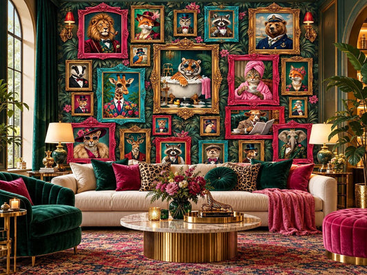 A living room features a white sofa, a green velvet armchair, a marble coffee table, and a gallery wall of framed whimsical animal portraits against dark botanical wallpaper.