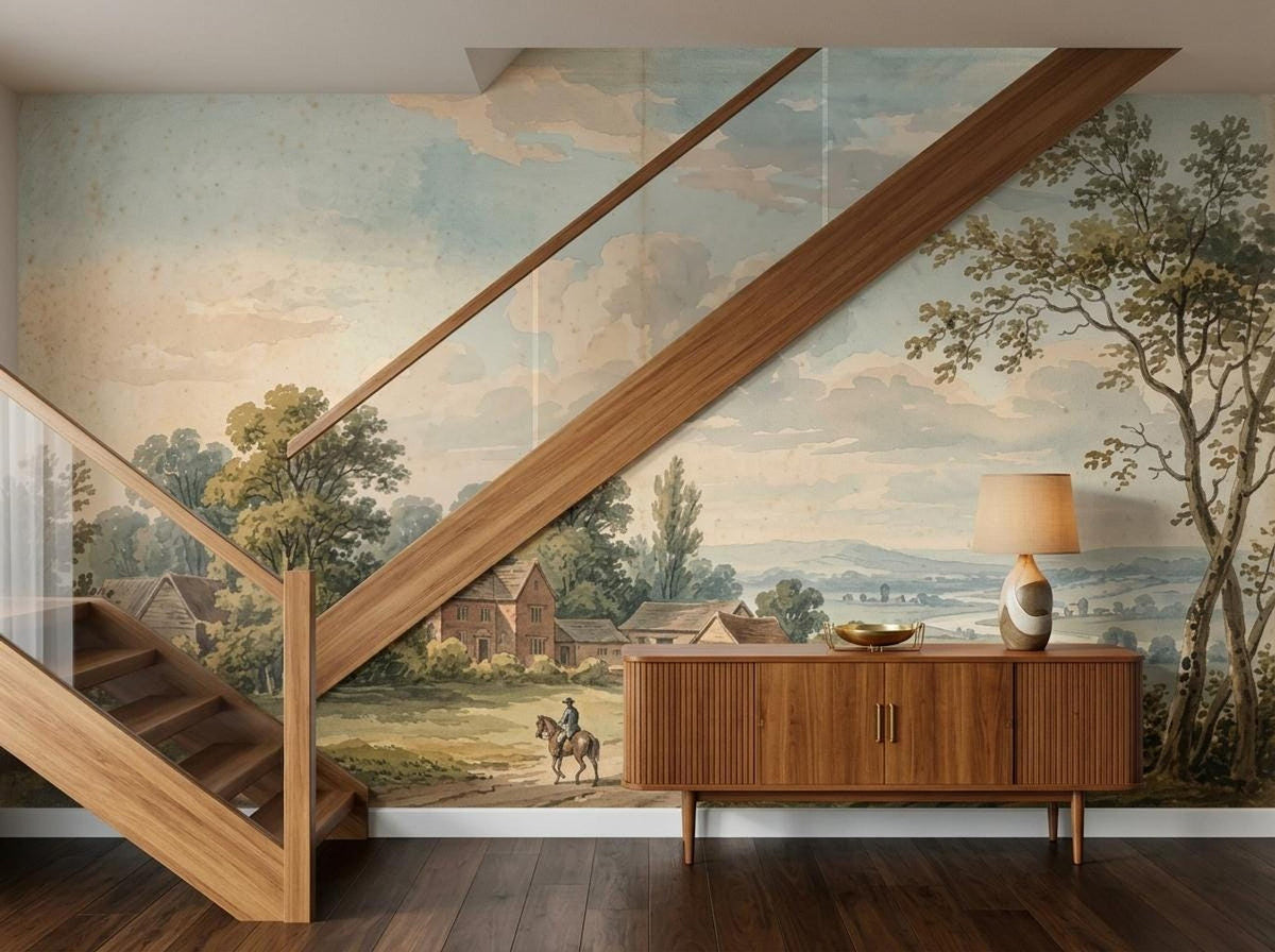 A wooden staircase with glass and wood railings is set against a large painted wall mural of a traditional country landscape.