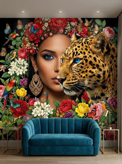 The tropical leopard wall mural installed on a dark wall behind a blue velvet sofa and two small metal side tables.