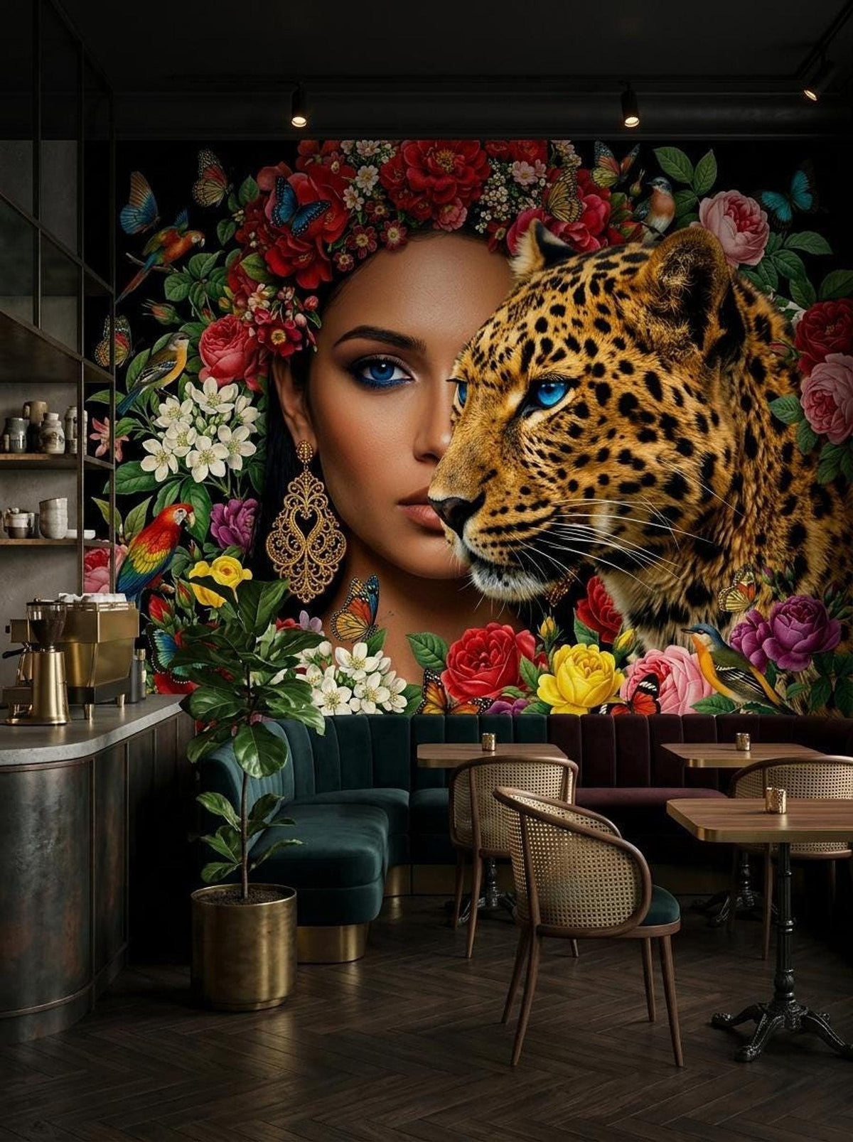 The botanical wall mural displayed in a modern cafe or restaurant setting with dark green booths, wooden tables, and cane-back chairs.