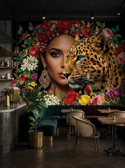 The botanical wall mural displayed in a modern cafe or restaurant setting with dark green booths, wooden tables, and cane-back chairs.