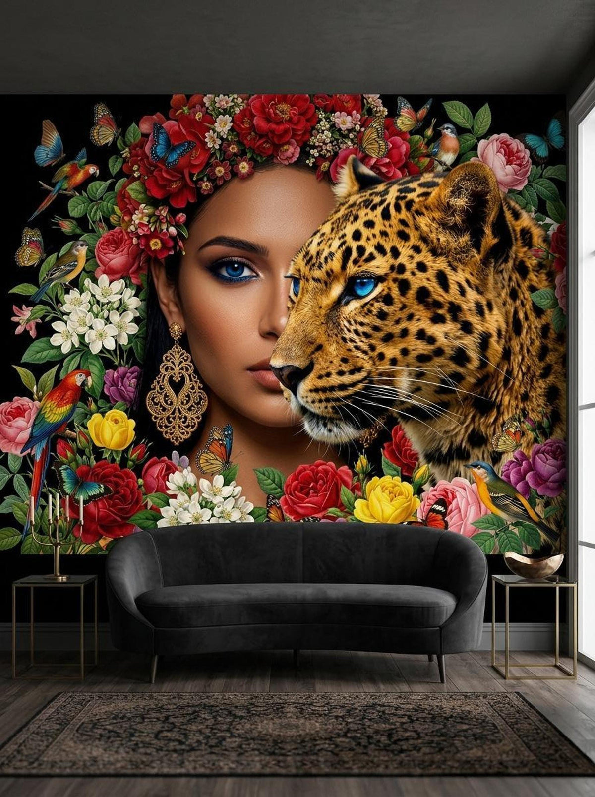 The botanical leopard wall mural placed in a living room behind a dark gray sofa, patterned rug, and metal side tables.