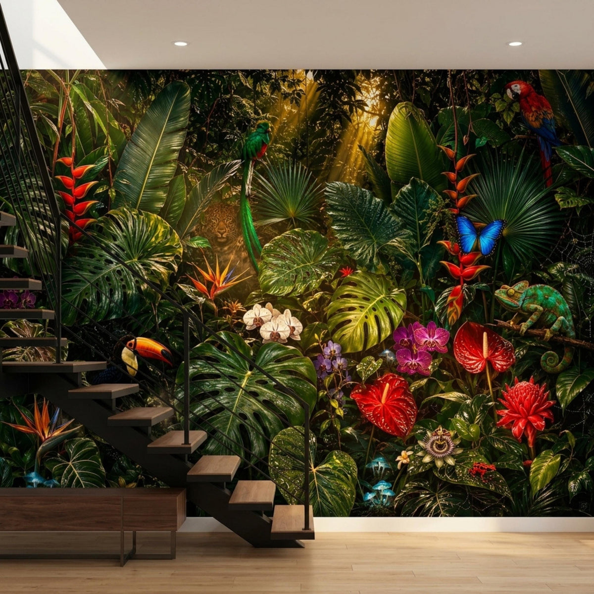 A dark tropical rainforest mural with exotic animals and lush greenery behind a staircase.