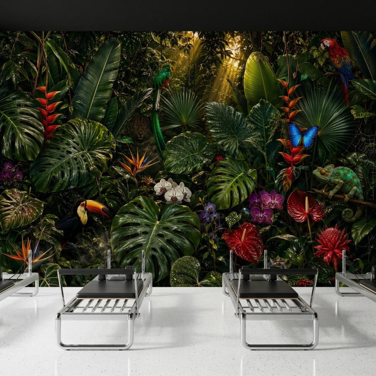 A room with a dark tropical rainforest wall mural and two black pilates reformers.