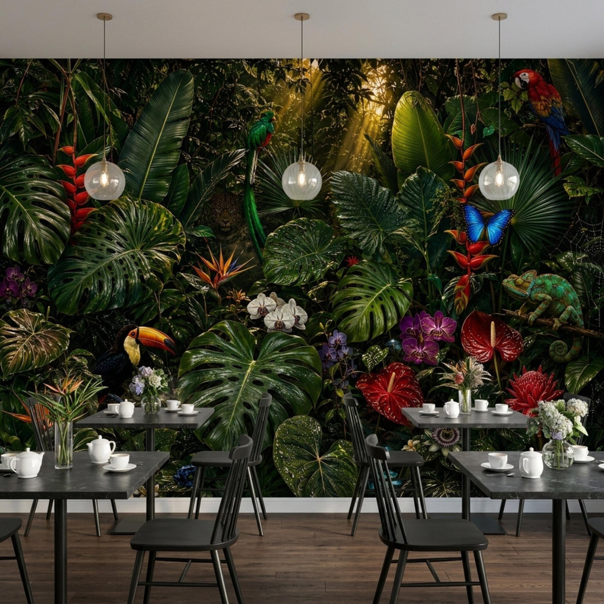 A dining space with a dark tropical rainforest mural featuring exotic animals and lush greenery.