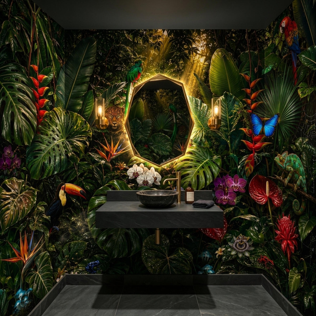 A modern restroom with a dark tropical rainforest mural, a round lit mirror, and a black sink basin.