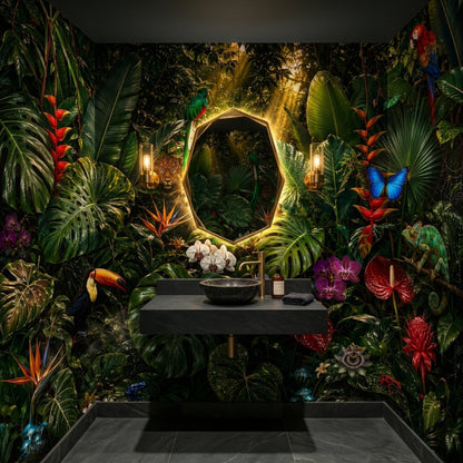 A modern restroom with a dark tropical rainforest mural, a round lit mirror, and a black sink basin.