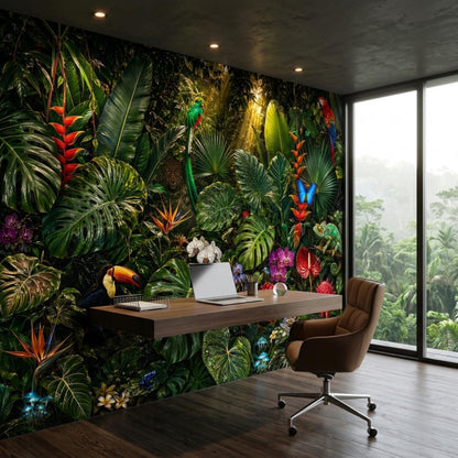 A home office with a floating wooden desk, a laptop, and an office chair against a dark tropical rainforest mural.