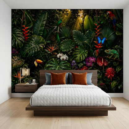 A bedroom with a platform bed and orange pillows set against a dark tropical rainforest mural.