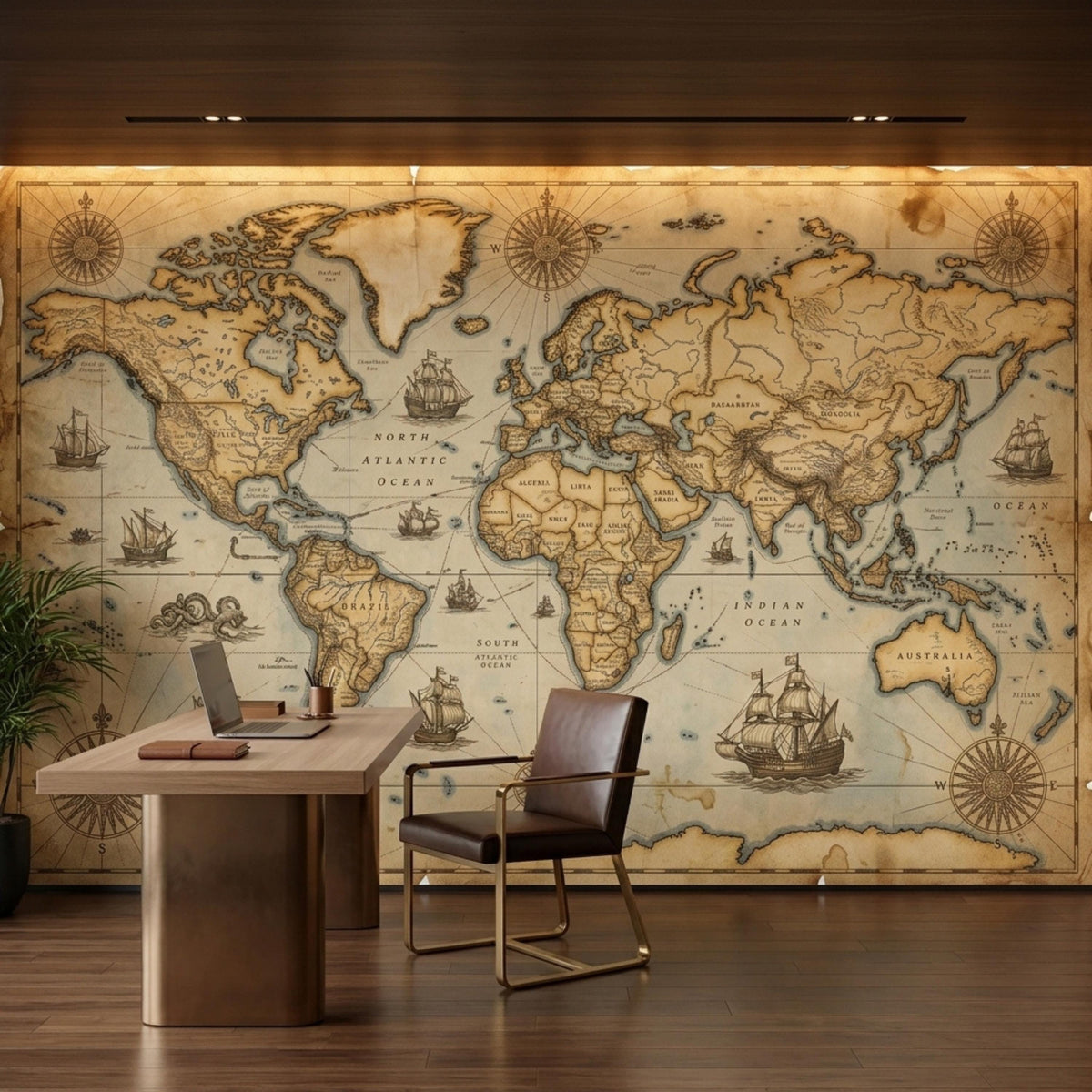 A modern desk and office chair sit in front of a wall covered in a large vintage world map mural.