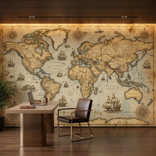 A modern desk and office chair sit in front of a wall covered in a large vintage world map mural.