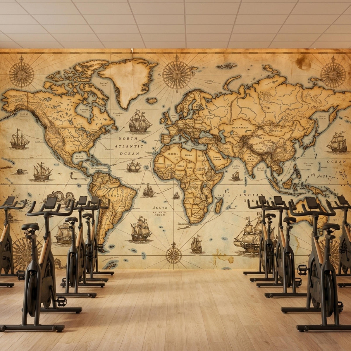 Stationary exercise bikes line a wooden floor in front of a large vintage world map wall mural.