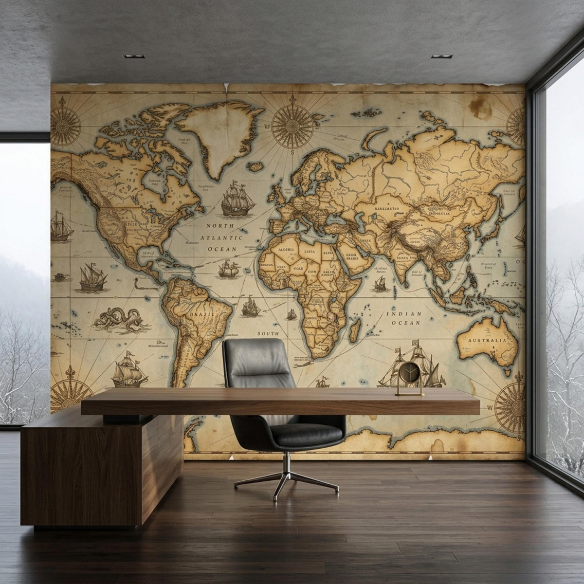 An office desk and black leather chair are positioned in front of a vintage world map accent wall.