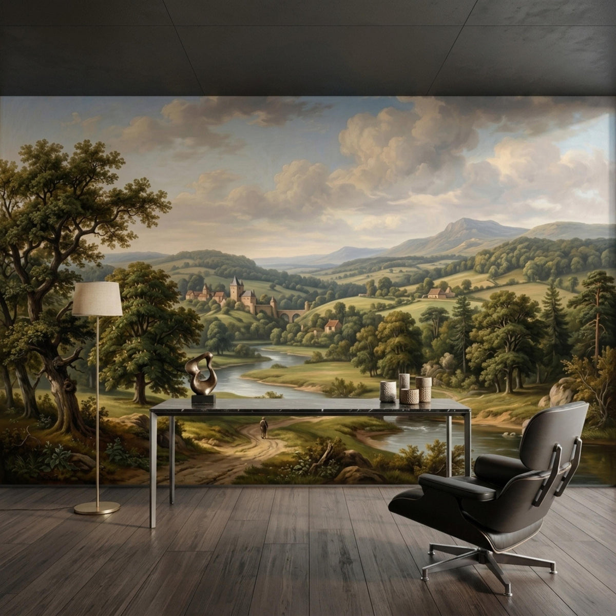 A large vintage oil painting mural depicting a countryside landscape with a river and castle, placed behind a dark desk and black chair.
