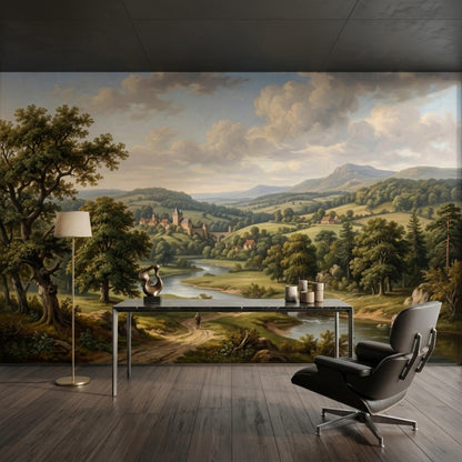 A large vintage oil painting mural depicting a countryside landscape with a river and castle, placed behind a dark desk and black chair.