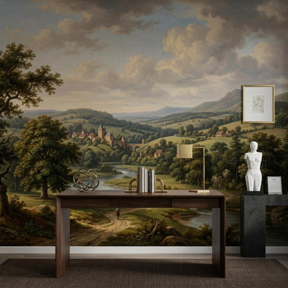 A rustic countryside oil painting wall mural featuring a river winding through hills toward a distant castle, shown behind a wooden desk.
