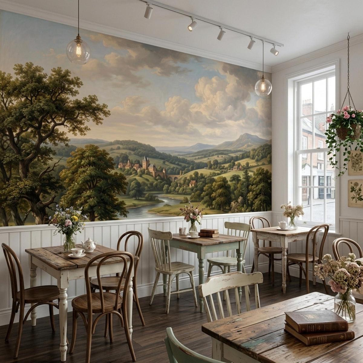 A classic oil painting landscape wall mural with hills and a river, serving as the backdrop in a room with multiple small wooden tables.