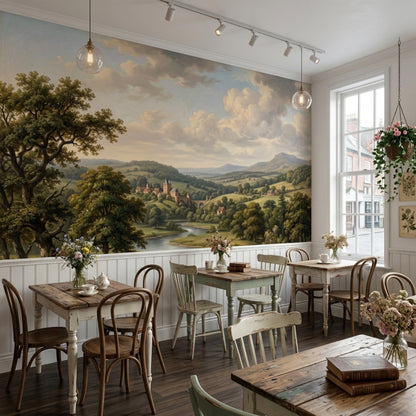 A classic oil painting landscape wall mural with hills and a river, serving as the backdrop in a room with multiple small wooden tables.